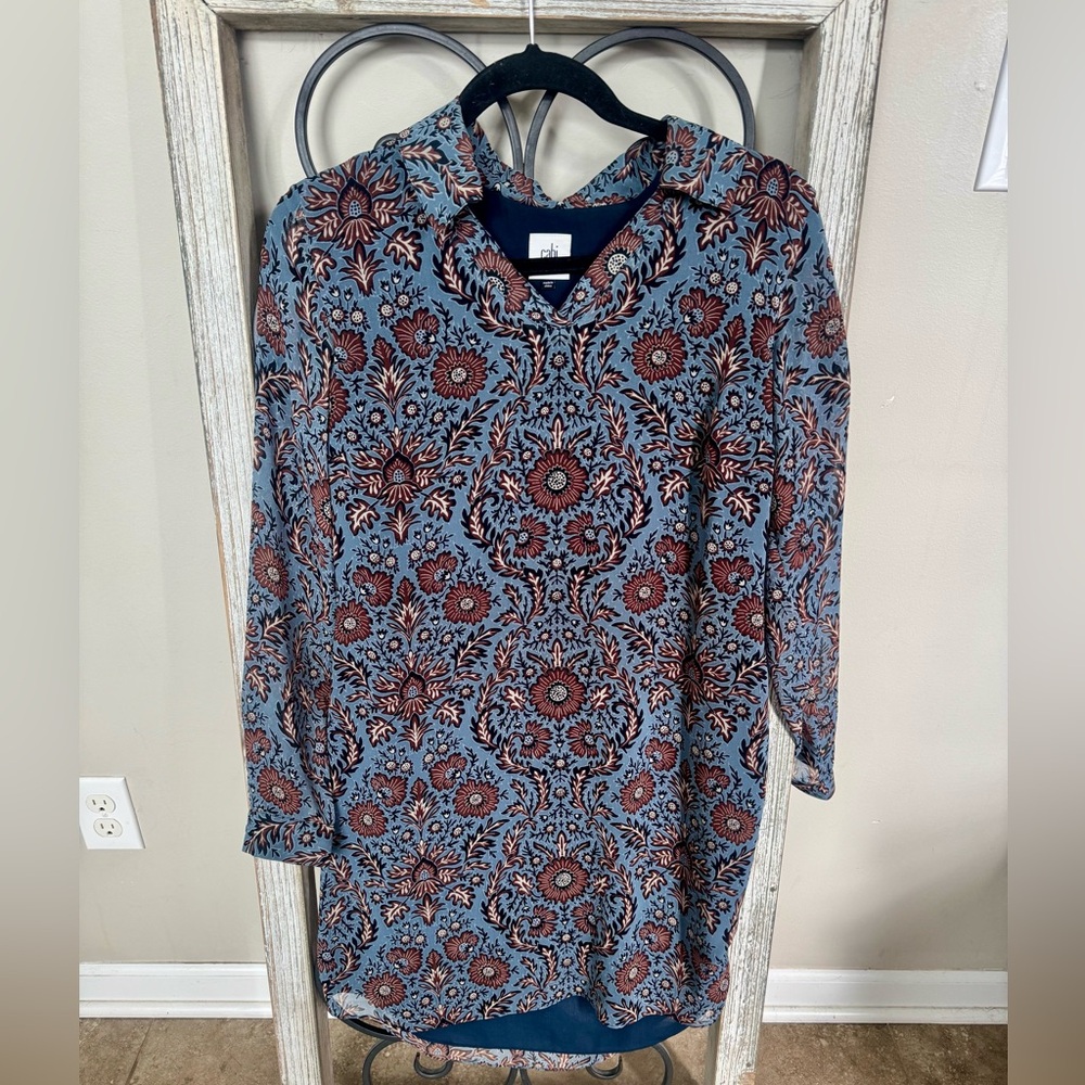 Cabi XS Tunic Dress‎ 3295 Blue Floral Paisley Long Sleeve Lined Pullover